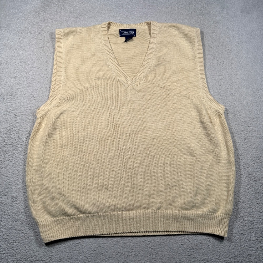 Vintage Lands' End Sweater Vest Mens XL Butter Yellow V-Neck Cotton Made in USA